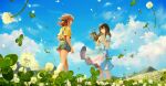  2girls blue_dress blue_eyes blue_shorts blue_sky brown_eyes brown_hair character_request closed_mouth cloud clover commentary_request copyright_request day dress field floating_hair flower flower_field flower_wreath four-leaf_clover hair_between_eyes hair_bun head_wreath head_wreath_removed holding long_hair mountain multiple_girls outdoors pleated_dress saihate_(d3) shirt short_shorts short_sleeves shorts sky standing suspender_shorts suspenders vocaloid white_flower yellow_shirt 