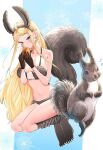  1girl ahoge animal animal_ears bikini black_bikini black_socks blonde_hair blue_background blue_eyes breasts brown_gloves cleavage collarbone dosanko_gyaru_wa_namaramenkoi eating fake_animal_ears fake_tail food full_body fur_bikini fuyuki_minami gloves hair_behind_ear highres holding holding_food ikada_kai large_breasts large_tail long_hair looking_at_viewer multicolored_bikini multicolored_clothes musical_note navel nut_(food) realistic sagging_breasts snowflakes socks squirrel squirrel_ears squirrel_tail swimsuit tail thighs two-tone_background very_long_hair whiskers white_background white_bikini 