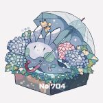  blue_flower color_guide commentary_request faux_figurine flower goomy grass holding holding_umbrella hydrangea leaf no_humans pink_flower pokedex_number pokemon pokemon_(creature) purple_flower shino_(shinoru_p) simple_background sparkle umbrella white_background 