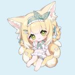  1girl alternate_costume animal_ear_fluff animal_ears arknights barefoot bikini bikini_under_clothes blonde_hair blue_background blush braid braided_hair_rings chibi closed_mouth fox_ears fox_girl fox_tail frilled_bikini frilled_hairband frills full_body green_eyes green_hairband green_neckerchief green_ribbon green_sailor_collar hair_ornament hair_ribbon hair_rings hairband hairclip highres kitsune kyuubi looking_at_viewer multiple_tails navel neckerchief ribbon roro_(lolo) sailor_collar sailor_shirt see-through see-through_shirt shirt short_hair short_sleeves simple_background smile solo suzuran_(arknights) swimsuit tail thigh_strap twin_braids white_bikini white_ribbon white_shirt 