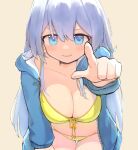  &gt;:) 1girl bikini blue_eyes blue_hair blue_jacket breasts front-tie_bikini_top front-tie_top hair_between_eyes hood hooded_jacket jacket large_breasts leaning_forward light_blue_hair long_hair long_sleeves looking_at_viewer nijisanji pointing pointing_at_viewer shio_kojo solo swimsuit thigh_gap v-shaped_eyebrows very_long_hair virtual_youtuber yellow_bikini yukishiro_mahiro 