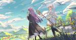  2girls absurdres al_guang bird boots bug butterfly capelet earrings elf fern_(sousou_no_frieren) frieren green_eyes highres holding holding_staff jewelry long_hair mage_staff multiple_girls outdoors pointy_ears purple_hair sousou_no_frieren staff village walking white_capelet white_hair 