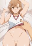  1boy 1girl arm_up armpits asymmetrical_bangs bed_sheet blush bottomless brown_eyes brown_hair censored closed_mouth clothes_lift collarbone gym_shirt hair_behind_ear hair_ornament hairpin hara_(harayutaka) highres indoors lifted_by_another looking_at_viewer lying misaka_mikoto mosaic_censoring navel on_back pillow pillow_grab pussy school_emblem shirt shirt_lift sleeveless sleeveless_shirt smile toaru_kagaku_no_railgun toaru_majutsu_no_index tokiwadai_school_gym_uniform white_shirt 