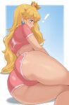  ! 1girl absurdres ass ass_focus bare_legs blonde_hair blue_eyes blush cameltoe crop_top crown earrings embarrassed english_commentary from_behind highres huge_ass jewelry long_hair looking_away mandytsune mario_(series) numbered princess_peach short_shorts shorts solo thick_thighs thighs trefoil 