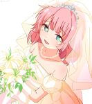  1girl bare_shoulders blue_eyes blunt_bangs blush bouquet breasts bridal_veil dress flower gloves highres holding holding_bouquet jewelry lily_(flower) looking_at_viewer medium_breasts necklace nnn_yryr open_mouth pearl_necklace pink_hair simple_background sleeve_cuffs smile solo strapless strapless_dress tears tiara veil wedding_dress white_background white_dress white_flower white_gloves white_veil yoshikawa_chinatsu yuru_yuri 