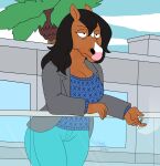  absurd_res anthro big_breasts black_eyes black_hair blue_bottomwear blue_clothing blue_pants blue_sweater blue_topwear bojack_horseman bottomwear breasts brown_body brown_fur cigarette cleavage clothed clothing equid equine eyelashes fan_character female frown fur grey_clothing grey_topwear hair hi_res holding_cigarette holding_object horse mammal netflix paeonypetals pants solo sweater thick_thighs topwear white_body white_fur wide_hips 