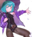  1girl absurdres black_leotard black_pantyhose blue_eyes blue_hair breasts closed_mouth commission hetero heterochromia highres holding holding_umbrella jacket leotard long_sleeves looking_at_viewer open_clothes open_jacket pantyhose purple_jacket red_eyes saaal653 short_hair simple_background small_breasts solo sparkle tatara_kogasa touhou umbrella water_drop white_background 
