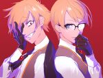  2boys ascot black_ascot black_cape black_gloves blonde_hair blue_eyes brown_vest cape covering_one_eye dual_persona evil_grin evil_smile eyelashes fate/grand_order fate_(series) glasses gloves grin hand_over_eye higa-tsubasa jekyll_and_hyde_(fate) long_sleeves male_focus multiple_boys red_background red_eyes sharp_teeth shirt short_hair smile teeth vest white_shirt 