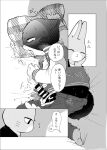  anthro black_body black_fur comic domestic_cat doujinshi duo felid feline felis fur greyscale japanese_text lagomorph leporid male mammal monochrome odabuttu rabbit rufuta_hachitani text uwaharu_nezazono working_buddies! young 