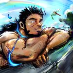  1boy arm_hair bara beard black_hair blue_fire bug dark-skinned_male dark_skin doro_rich dragonfly facial_hair fire forked_eyebrows highres light_smile lying male_focus mature_male muscular muscular_male mustache_stubble nude on_stomach pectorals rainbow sandayu_(housamo) scar scar_on_cheek scar_on_face solo thick_eyebrows tokyo_afterschool_summoners unfinished upper_body 