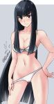  1girl :| artist_name bare_shoulders black_hair blue_eyes blush bra breasts cleavage closed_mouth collarbone commentary contrapposto cowboy_shot expressionless grey_background hair_over_breasts hair_over_shoulder hand_on_own_hip highres kill_la_kill kiryuuin_satsuki large_breasts long_hair looking_at_viewer midriff navel outside_border panties panty_pull pulled_by_self revision signature simple_background solo standing thick_eyebrows thumb_in_beltline twitter_username underwear underwear_only very_long_hair white_bra white_panties yoo_tenchi 