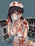  1boy 1girl absurdres alternate_costume blood blood_on_clothes blood_on_face blood_on_knife blood_splatter breasts chainsaw_man cleavage collarbone denji_(chainsaw_man) double_v dress halloween happy_halloween hat higashiyama_kobeni highres implied_murder kitchen_knife knife looking_at_viewer mask medium_breasts mole mole_under_eye momo-chan_atakku mouth_mask multiple_girls nurse nurse_cap sharp_teeth single_sidelock sweatdrop teeth trick_or_treat v white_dress white_mask 