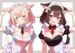  2girls animal_ear_fluff animal_ears apron between_breasts black_necktie blush border breasts brown_hair cleavage closed_mouth commentary_request detached_collar dress frilled_apron frilled_dress frills green_eyes grey_border hair_between_eyes hand_on_own_ear highres looking_at_viewer maid maid_apron maid_day maid_headdress medium_breasts mis705313 multiple_girls necktie open_mouth original pink_eyes puffy_short_sleeves puffy_sleeves red_necktie short_hair short_sleeves simple_background thick_eyebrows white_background 