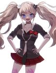  1girl :d bear_hair_ornament black_bra black_choker black_necktie blood blue_eyes bra breasts choker collarbone cowboy_shot danganronpa:_trigger_happy_havoc danganronpa_(series) enoshima_junko grey_necktie hair_ornament hands_on_own_hips highres large_breasts long_hair looking_at_viewer miniskirt necktie pink_blood plaid plaid_skirt pleated_skirt red_nails red_skirt ringo_ame_no_ria skirt smile solo twintails underwear 