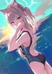  1girl absurdres animal_ear_fluff animal_ears ass black_one-piece_swimsuit blue_archive blue_eyes blue_sky cloud competition_swimsuit covered_navel cowboy_shot cross_hair_ornament extra_ears from_behind grey_hair hair_ornament halftone halo highres horizon kuro_shiraga looking_at_viewer low_ponytail medium_hair mismatched_pupils multicolored_clothes multicolored_swimsuit official_alternate_costume one-piece_swimsuit outdoors shiroko_(blue_archive) shiroko_(swimsuit)_(blue_archive) sky solo sunset swimsuit wolf_ears 