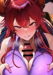  1boy 1girl bar_censor bare_shoulders blush breasts breasts_squeezed_together censored collarbone dola_(nijisanji) dragon_girl dragon_horns hair_between_eyes hetero highres horns hoshara large_breasts licking_lips long_hair looking_at_viewer nijisanji paizuri paizuri_under_clothes penis pov purple_shirt red_eyes red_hair shirt sleeveless sleeveless_shirt solo_focus sweat tongue tongue_out virtual_youtuber 