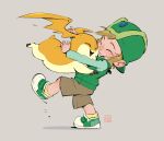  1boy :d blonde_hair blush brown_shorts child closed_eyes digimon digimon_(creature) digimon_adventure from_side green_footwear green_headwear green_jacket highres hug jacket leg_up open_mouth patamon short_hair shorts sleepy_kc smile takaishi_takeru teeth white_footwear wings 