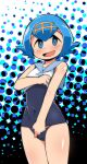  1girl abarai_(abarabone) bare_shoulders blue_background blue_eyes blue_hair blue_one-piece_swimsuit blue_sailor_collar blush bob_cut bright_pupils clothes_lift clothes_pull commentary covered_navel cowboy_shot crop_top flat_chest hairband hand_up happy highres lana_(pokemon) lifted_by_self looking_at_viewer one-piece_swimsuit one-piece_swimsuit_pull open_mouth pokemon pokemon_(game) pokemon_sm pulled_by_self sailor_collar shiny_skin shirt shirt_lift short_hair sidelocks smile solo standing swimsuit thighs white_pupils white_shirt yellow_hairband 