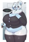  anthro bear big_breasts boss bottomless breasts cigar cleavage clothed clothing dialogue eyewear female front_view genitals glasses hi_res huge_breasts inviting legwear looking_at_viewer mammal mature_female neck_tuft office overweight overweight_anthro overweight_female polar_bear pussy smoking smoking_cigar solo standing stockings suger_phox thick_thighs thigh_highs tuft unprofessional_behavior ursine 