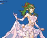  1girl alternate_costume asymmetrical_sleeves bare_shoulders breasts bride closed_mouth commission detached_sleeves dress elbow_gloves fire_emblem fire_emblem_awakening glaceo gloves green_hair medium_breasts pixel_art pointy_hair ponytail sideboob single_detached_sleeve single_elbow_glove smile solo tiara tiki_(adult)_(fire_emblem) tiki_(fire_emblem) wedding_dress white_dress 