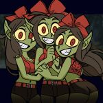  bow_ribbon bunny75 cerberus_(helltaker) clothed clothing female goblin green_body green_skin group hair hand_holding helltaker humanoid long_ears long_hair looking_at_viewer not_furry red_eyes traced trio 
