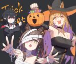  +_+ 3girls :d allen.n animal_ear_fluff animal_ears arknights bandage_over_one_eye bandages black_background blush bracelet breasts brown_hair bucket ceobe_(arknights) cleavage closure_(arknights) detached_sleeves dog_ears dog_girl dress drooling ears_through_headwear hair_ornament halloween halloween_bucket hat highres holding holding_bucket infection_monitor_(arknights) jewelry large_breasts long_sleeves lunacub_(arknights) multiple_girls mummy_costume naked_bandage open_mouth red_eyes simple_background smile strapless strapless_dress teeth thumbs_up trick_or_treat upper_teeth_only witch witch_hat wolf_ears wolf_girl 