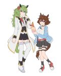  2girls :t alternate_costume animal_ears belt black_skirt blue_jacket boots brown_hair buttons closed_mouth commentary_request crepe food food_on_face garter_straps genderswap genderswap_(mtf) green_hair hand_up highres hilbert_(pokemon) jacket korean_commentary long_hair long_sleeves multiple_girls n_(anniversary_2021)_(pokemon) n_(pokemon) open_clothes open_jacket p_(flavorppp) pleated_skirt pokemon pokemon_(game) pokemon_bw pokemon_masters_ex red_belt shirt shoes short_hair simple_background skirt socks standing tail thighhighs white_background white_shirt white_thighhighs 