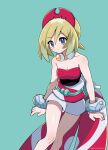  1girl blonde_hair blue_eyes blush bracelet breasts cleavage closed_mouth commentary_request eyelashes green_background hair_between_eyes hairband irida_(pokemon) jewelry knees nashirasauce pokemon pokemon_(game) pokemon_legends:_arceus red_hairband red_shirt sash shirt short_hair short_shorts shorts solo strapless strapless_shirt waist_cape white_shorts 