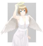  1girl akitetsu alternate_costume angel angel_wings armpits blue_eyes blush breasts cowboy_shot dress feathered_wings grey_background grin halo highres holding_halo light_brown_hair looking_at_viewer medium_bangs medium_breasts multicolored_hair nanashi_inc. orange_hair plunging_neckline sash short_hair sleeveless sleeveless_dress smile solo touri_sei two-tone_background two-tone_hair virtual_youtuber white_background white_dress white_sash white_wings wings yellow_halo 