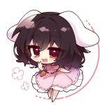  1girl absurdres animal_ears barefoot black_hair blush carrot_necklace chibi defosko dress frilled_dress frills full_body hair_between_eyes highres inaba_tewi jewelry necklace open_mouth pink_dress rabbit_ears red_eyes short_hair short_sleeves simple_background smile solo touhou white_background 
