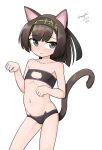 1girl absurdres aged_down ahoge akizuki_(kancolle) animal_ears bandeau black_bra black_hair black_headband black_panties bra cat_cutout cat_ears cat_lingerie cat_tail clothes_writing clothing_cutout feet_out_of_frame flat_chest grey_eyes hachimaki headband highres kantai_collection maru_(marg0613) meme_attire one-hour_drawing_challenge panties ponytail simple_background solo tail underwear underwear_only white_background 