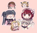  6+girls =_= ^_^ arima_kana black_hair blonde_hair blush blush_stickers brown_hair chibi closed_eyes cropped_torso crossover grey_hair hand_on_own_cheek hand_on_own_face hoshino_ruby idolmaster idolmaster_shiny_colors izumi_mei jitome karappo711 mayuzumi_fuyuko memcho multiple_girls oshi_no_ko outline outstretched_arms patterned_clothing pink_background red_hair serizawa_asahi simple_background sweatdrop upper_body white_outline 