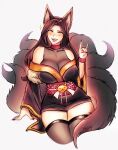  1girl :d animal_ear_fluff animal_ears artist_name bare_shoulders black_hair black_kimono black_nails breasts collarbone commentary english_commentary fangs fingernails fox_ears fox_girl fox_shadow_puppet fox_tail gradient_background grey_background highres iahfy indie_virtual_youtuber japanese_clothes kimono kyuubi large_breasts long_fingernails long_hair long_sleeves looking_at_viewer multiple_tails obi off_shoulder open_mouth parted_bangs saeko_(vtuber) sash simple_background smile solo sparkle tail virtual_youtuber white_background wide_sleeves yellow_eyes zettai_ryouiki 