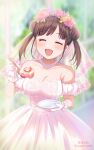  1girl ^_^ artist_name bare_shoulders blurry blurry_background blush breasts bridal_veil brown_hair cake cake_slice cleavage closed_eyes collarbone detached_sleeves dot_nose double_bun dress flower flower_wreath food fork frilled_gloves frills fruit gloves hair_bun hands_up highres holding holding_fork holding_plate idolmaster idolmaster_shiny_colors indoors jewelry lace-trimmed_dress lace_trim large_breasts long_hair necklace open_mouth pearl_necklace pink_flower pink_rose plate purple_flower rose sleeveless sleeveless_dress smile solo sonoda_chiyoko soramame_tomu strawberry tree twintails twitter_username veil wedding_dress white_dress white_gloves white_sleeves window yellow_flower 
