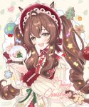  1girl animal_ears brown_hair cherrydeswa christmas cookie english_text food gingerbread_man heart highres horse_ears horse_girl long_hair mejiro_bright_(umamusume) ribbon signature snow_globe umamusume 