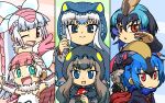  6+girls ;d animal_hood arm_up arms_up black_hair blonde_hair blue_eyes blue_hair blunt_bangs braid brown_eyes capelet chibi closed_mouth detached_collar detached_hood detached_sleeves fur_collar fur_scarf green_eyes grey_hair hair_between_eyes hand_up holding holding_mushroom holding_test_tube hood hood_up kemono_friends komodo_dragon_(kemono_friends) komodo_dragon_(kemono_friends)_(old_design) long_hair looking_at_viewer medium_hair multicolored_hair multiple_girls mushroom one_eye_closed open_mouth outstretched_arms parted_lips pink_fairy_armadillo_(kemono_friends) pink_fairy_armadillo_(kemono_friends)_(old_design) pink_hair red_eyes ringed_eyes scarf shirt smile southern_cassowary_(kemono_friends) southern_cassowary_(kemono_friends)_(old_design) spread_arms srd_(srdsrd01) strapless test_tube v-shaped_eyebrows very_long_hair 