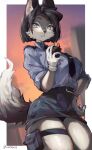  absurd_res anthro black_body black_fur breasts canid canine clothing female fur grey_eyes hi_res holding_object iepelppa mammal police police_uniform solo uniform 