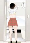  1girl bathroom bathtub black_hair black_socks bra cellphone clothes_lift commentary_request door doorway from_behind hosokawa_michiru iphone kishi_torajirou miniskirt open_door otome_no_teikoku phone plaid plaid_skirt polo_shirt red_skirt school_uniform shirt shirt_lift short_hair skirt smartphone socks solo translation_request underwear undressing unmoving_pattern white_shirt yellow_bra 