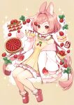  1girl :q animal_ear_fluff animal_ears aona_(noraneko) bloomers braid braided_bangs cake cake_slice collar doily dress flower food food-themed_clothes food-themed_hair_ornament food_print frilled_collar frilled_socks frills fruit fruit_tart full_body hair_intakes hair_ornament highres holding holding_food invisible_chair jacket jam jar leaf long_hair looking_at_viewer low_twintails mary_janes mille-feuille off_shoulder open_clothes open_jacket original pastry pink_footwear pink_hair platform_footwear pleated_dress rabbit_ears rabbit_girl red_eyes red_ribbon ribbon shoes sitting sleeveless sleeveless_dress socks spaghetti_strap sparkle strawberry strawberry_blossoms strawberry_hair_ornament strawberry_print strawberry_shortcake strawberry_tart swiss_roll tart_(food) tongue tongue_out twintails underwear whipped_cream white_bloomers white_flower white_jacket white_socks yellow_background yellow_dress zipper_pull_tab 