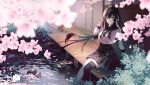  1girl architecture black_hair blurry blurry_background breasts cherry_blossoms chiroyo east_asian_architecture highres kantai_collection large_breasts long_hair looking_at_viewer ponytail red_eyes sailor_collar school_uniform sidelocks single_thighhigh sitting solo thighhighs yahagi_(kancolle) 