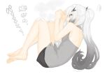  1girl allial_(coefont) backless_shirt bandaid bandaid_on_knee bandaid_on_leg barefoot black_shorts breasts coefont feet fetal_position from_above gradient_hair grey_eyes grey_hair grey_shirt hair_ornament hands_up highres legs looking_to_the_side lying multicolored_hair on_side open_mouth ponytail shirt shorts sideboob sidelocks signature simple_background sleeveless sleeveless_shirt small_breasts soles solo toes white_background white_hair yukkuri_bitto 