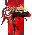  1girl absurdres black_cape black_dress black_gloves black_thighhighs blonde_hair breasts cape dark-skinned_female dark_skin dress earrings ereshkigal_(fate) ereshkigal_alter_(fate) fate/grand_order fate_(series) full_body fur-trimmed_cape fur_trim gloves hair_ribbon highres hoop_earrings jewelry long_hair long_sleeves looking_at_viewer medium_breasts minoe08 parted_bangs red_eyes ribbon solo thighhighs tiara two_side_up weapon 