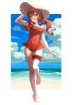  1girl :d absurdres arm_at_side arm_up bare_arms bare_legs bare_shoulders barefoot beach blue_sky breasts bridal_garter casual_one-piece_swimsuit cloud cloudy_sky collarbone covered_navel day floating_hair full_body green_eyes hair_between_eyes hat highres leg_up legs long_hair looking_at_viewer maplestory medium_breasts ocean one-piece_swimsuit open_mouth outdoors oz_(maplestory) red_hair red_one-piece_swimsuit round_teeth sand side_ponytail sidelocks sky smile solo standing standing_on_one_leg straw_hat swimsuit teeth thigh_gap thighs toenails toes tuyuri upper_teeth_only water yellow_headwear 