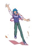  1boy absurdres arm_up blue_hair blue_shirt bruno_(yu-gi-oh!) closed_eyes commentary_request facing_viewer full_body green_pants high_collar highres jacket male_focus open_clothes open_jacket open_mouth pants running shirt shoes short_hair simple_background sleeves_rolled_up smile sneakers solo t-shirt waving white_background white_footwear youko-shima yu-gi-oh! yu-gi-oh!_5d&#039;s 