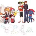  4boys :d arcanine azumarill blue_oak bulbasaur collared_shirt commentary_request crossed_arms ditto ethan_(pokemon) fanny_pack goggles goggles_on_headwear grey_bag hat highres holding holding_poke_ball hoppip jacket male_focus marill momotose_(hzuu_xh4) multiple_boys open_mouth pants partially_colored pichu pikachu poke_ball poke_ball_(basic) pokemon pokemon_(game) pokemon_adventures pokemon_frlg red_(pokemon) red_headwear red_vest sentret shirt shoes short_hair silver_(pokemon) smile spiked_hair togepi vest weavile wristband 