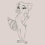  absurd_res anthro chest_tuft comatose featureless_crotch female fur gesture grey_background greyscale hi_res looking_at_viewer mammal monochrome navel nude procyonid raccoon simple_background smile solo standing tuft waving waving_at_viewer young 