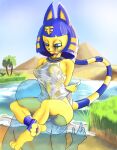  absurd_res animal_crossing ankha_(animal_crossing) anthro blue_eyes blue_hair bracelet breasts clothed clothing crossed_legs curvy_figure detailed_background duo egyptian embrace face_in_belly faceless_character faceless_male facing_each_other felid female gold_(metal) gold_jewelry hair hands_behind_back hi_res hourglass_figure human jewelry legs_together looking_at_another makeup male male/female mammal medium_breasts navel necklace nintendo noconcession palm_tree pawpads plant pressed_against pulling_clothing pyramid raised_tail river romantic romantic_couple round_breasts sitting_on_shoulders tail tail_motion tailwag translucent translucent_body translucent_clothing tree wet wet_clothing yellow_body 
