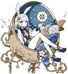  1girl animal_ears bunny_day corset earrings elina_(e2n04n) flower_ornament hair_ornament hand_up jewelry long_sleeves original rabbit_ears shoes sitting solo star_(symbol) white_hair 