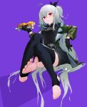  1girl absurdres ahoge ao_run_juzi arknights black_gloves black_shirt black_thighhighs feet foil food foot_focus full_body gloves green_jacket grey_hair grey_shorts hair_between_eyes highres holding holding_food jacket long_hair long_sleeves looking_at_viewer open_clothes open_jacket parted_lips purple_background red_eyes shirt shorts simple_background sitting skadi_(arknights) skadi_(the_next_afternoon_tea)_(arknights) solo stirrup_legwear thighhighs toeless_legwear toes very_long_hair 