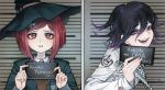  artist_name barbie_mugshot_(meme) character_name checkered_clothes checkered_scarf danganronpa_(series) danganronpa_v3:_killing_harmony facing_viewer hat highres holding holding_sign leaning_forward looking_at_viewer meme mugshot oma_kokichi purple_eyes purple_hair red_eyes red_hair scarf short_hair sign straitjacket teeth watermark yumeno_himiko 